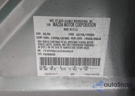 2003 Mazda Mazda6 I z USA, uszkodzony, nr VIN 1YVFP80C635M49649